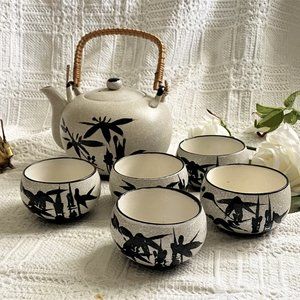 Oriental Design Saki Teapot w/ 5 Matching Cups